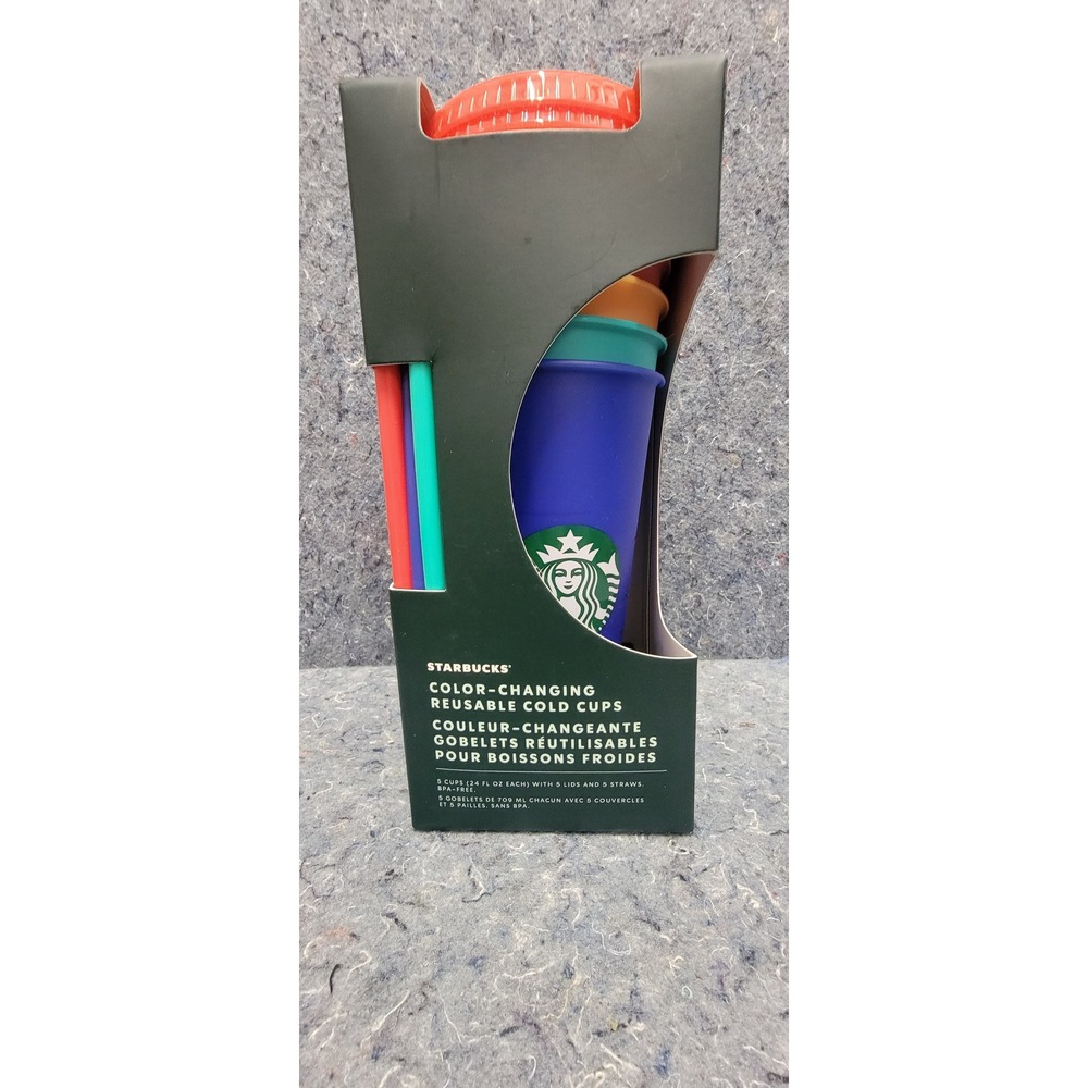 Starbuck's Color Changing Reusable Cold Cups 24oz 5 Cups w/Straws‎